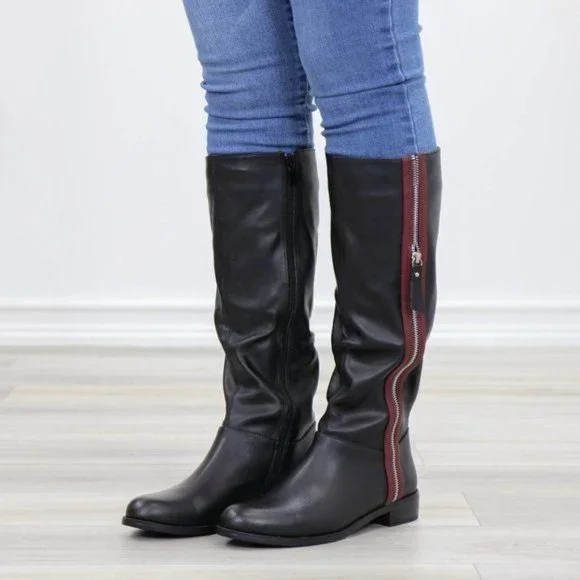 Black Below Knee Rider Boots Light Faux Fur Inside - Picture 7 of 12